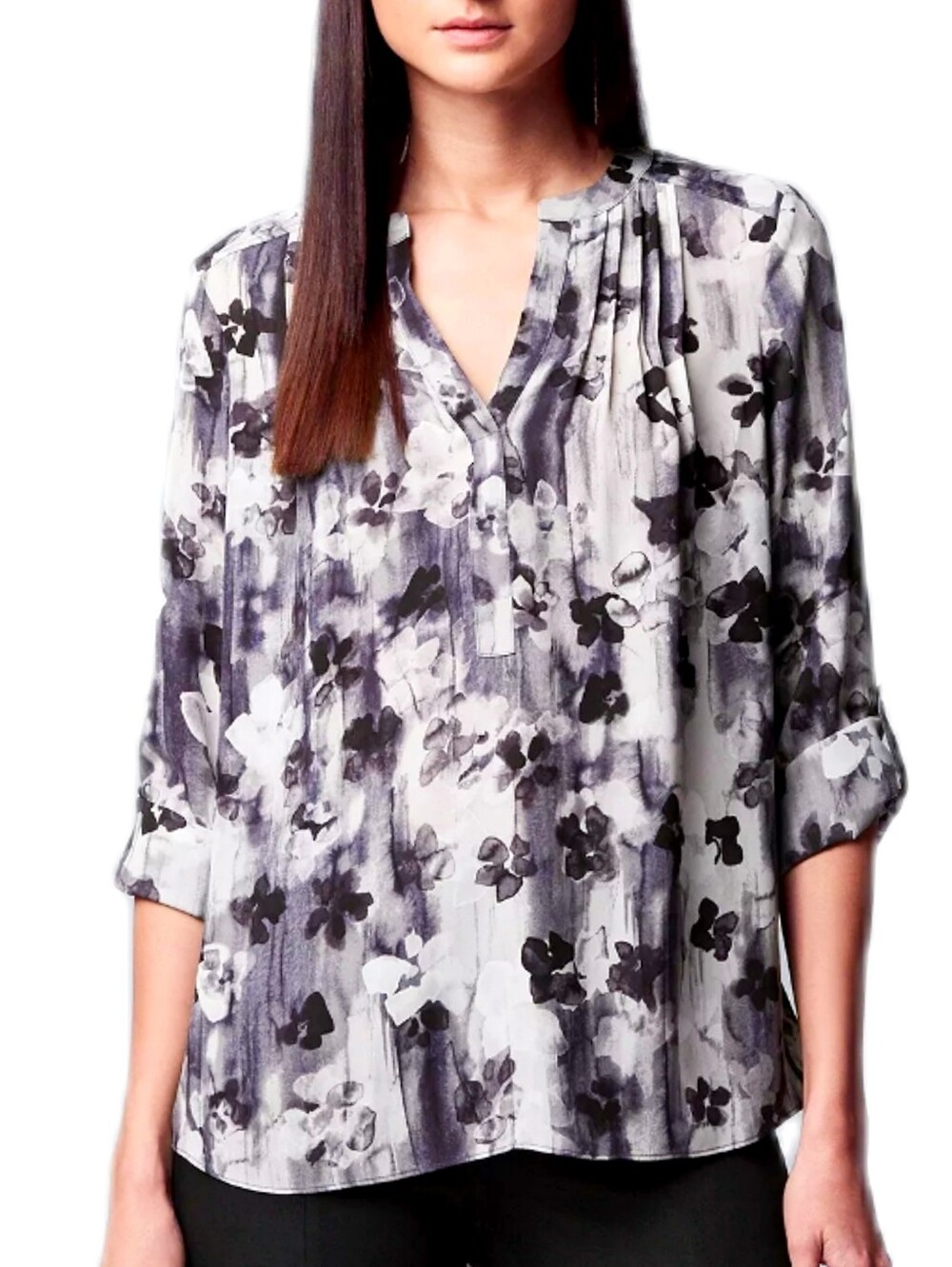Simply Vera Wang Womens plus 1X floral print pintuck crepe Blouse roll tab Top